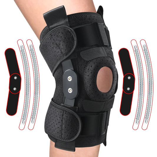 Hinged Knee Brace with Side Stabilizers Adjustable Knee Compression 6 Strap System Knee Pain Support for ACL MCL Men & Women -One Size Fits Most Black