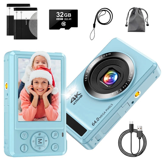 MARVUE Digital Camera 4K UHD 64MP Vlogging Camera, Autofocus Compact Camera with 16X Digital Zoom, Point and Shoot Digital Camera with 32GB SD Card & 2 Batteries - Blue