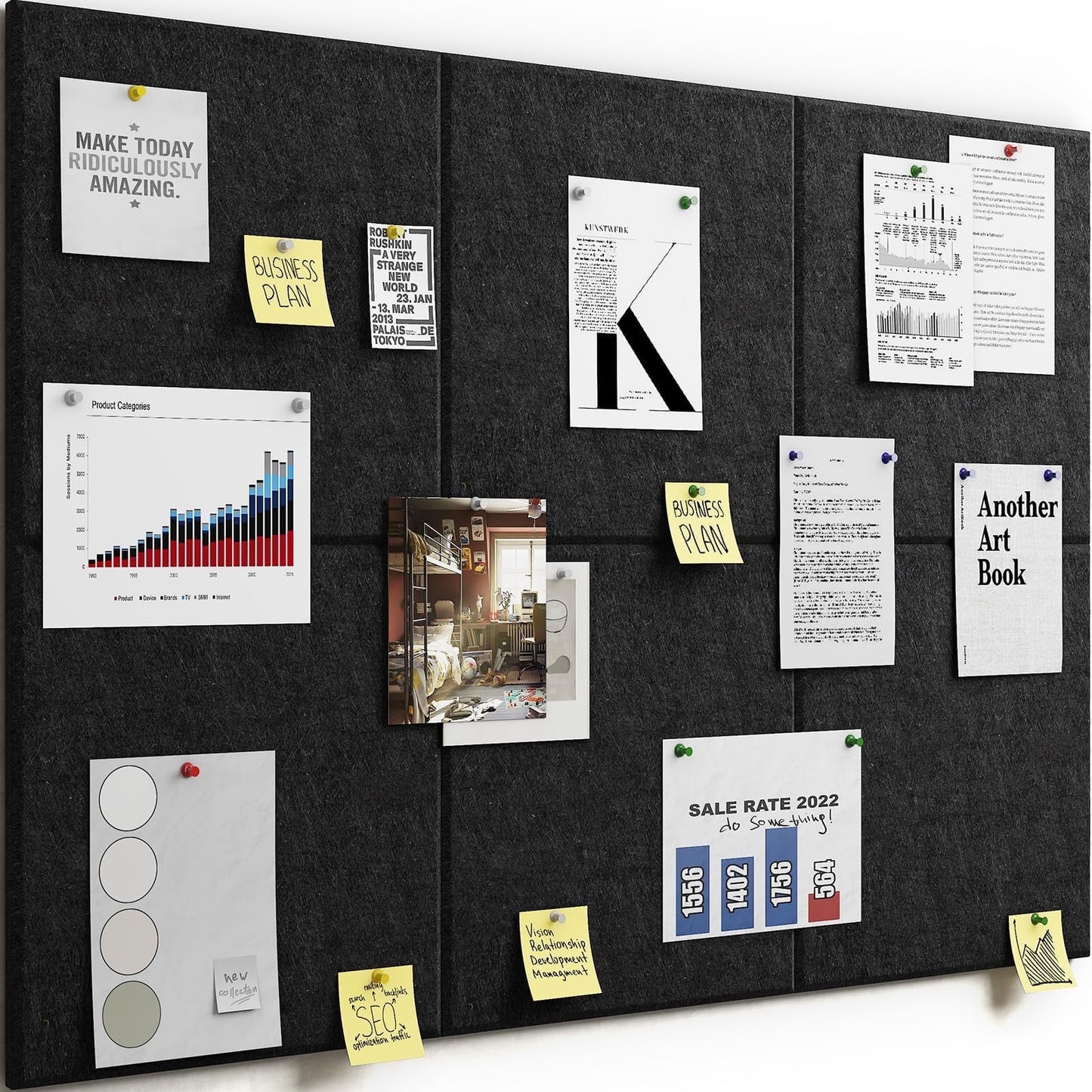 VANCORE Cork Board Felt Thickened Board Tiles for Walls with 45 Push Pins, Pin Board Notice Boards for Home Office Kitchen, Bulletin Board Wall Tiles for Photos Memos, Pack of 6