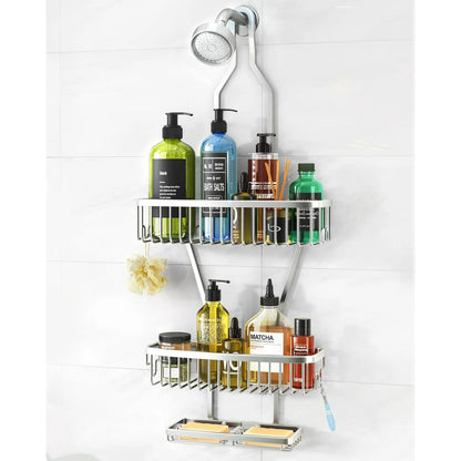 VANCORE Hanging Shower Caddy Bathroom Organizer - Over Head Long Rack for Tall Showerhead - Extra Large Shelf for Big Shampoo Bottles with Soap Holder
