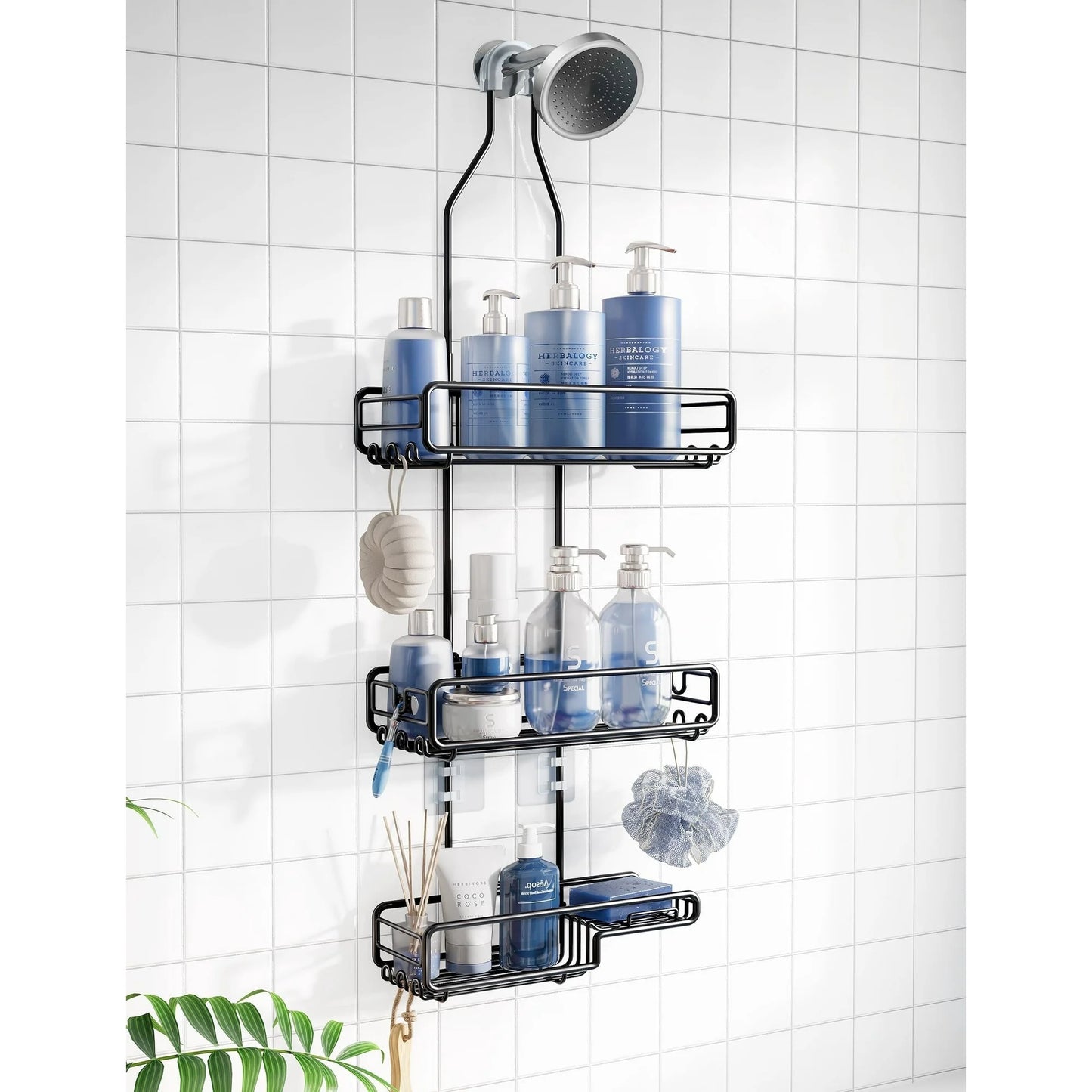 VANCORE Shower Caddy Hanging over Shower Head - Bathroom Shower Organizer Adjustable Rack for Tall Showerhead - Extra Large Storage Shelf for Big Shampoo Bottles with Soap Razor Holder