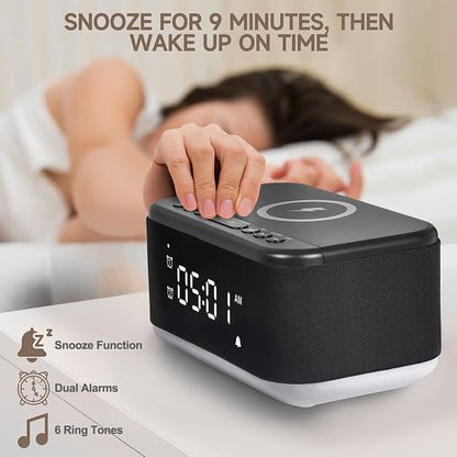 Fansbe Tech Vibrating Alarm Clock Wireless Charger, Digital Alarm Clocks Bluetooth USB Port (Black)