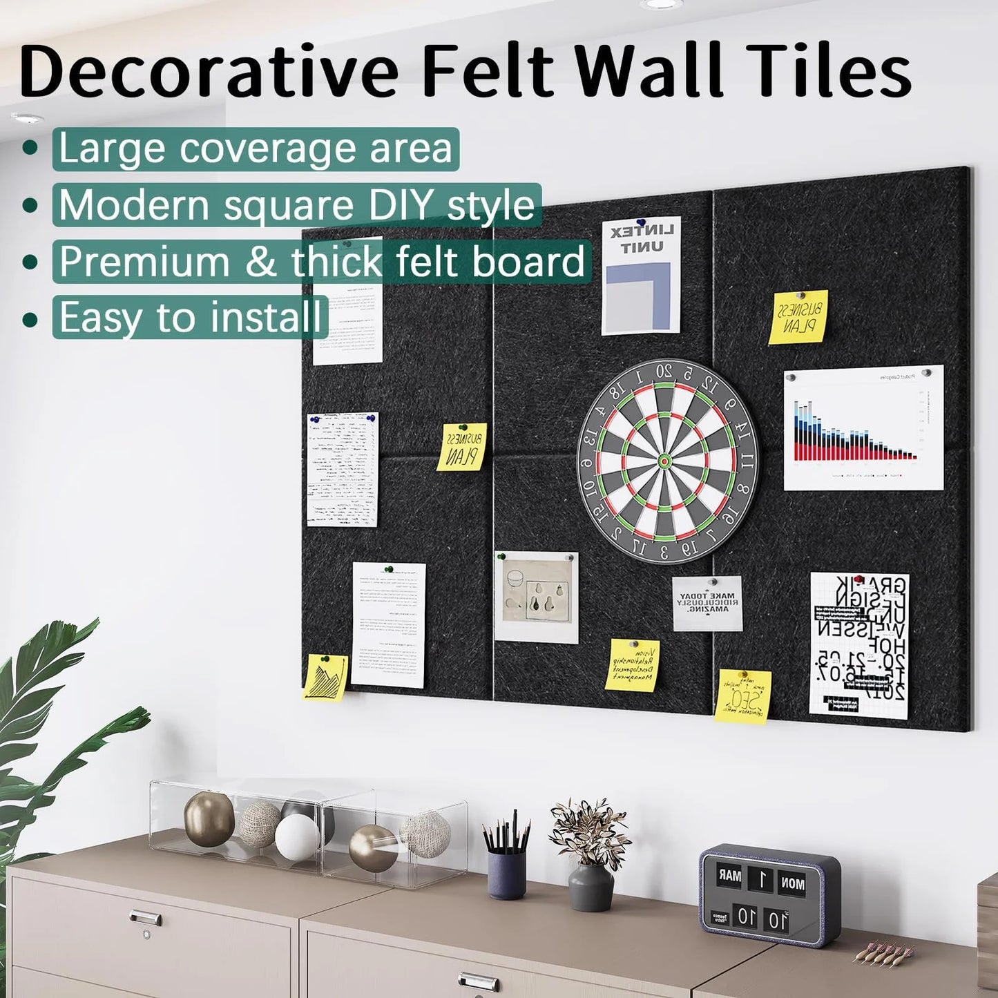 VANCORE Cork Board Felt Thickened Board Tiles for Walls with 45 Push Pins, Pin Board Notice Boards for Home Office Kitchen, Bulletin Board Wall Tiles for Photos Memos, Pack of 6