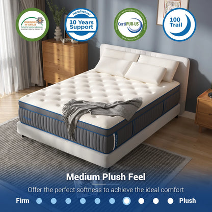 DIGLANT 14 Inch Queen Medium Plush Hybrid Mattress,Cooling Gel Memory Foam with Individually Pocket Springs, Soft Fabric Mattress Queen size for Pressure Relief, Mattress in box, CertiPUR-US