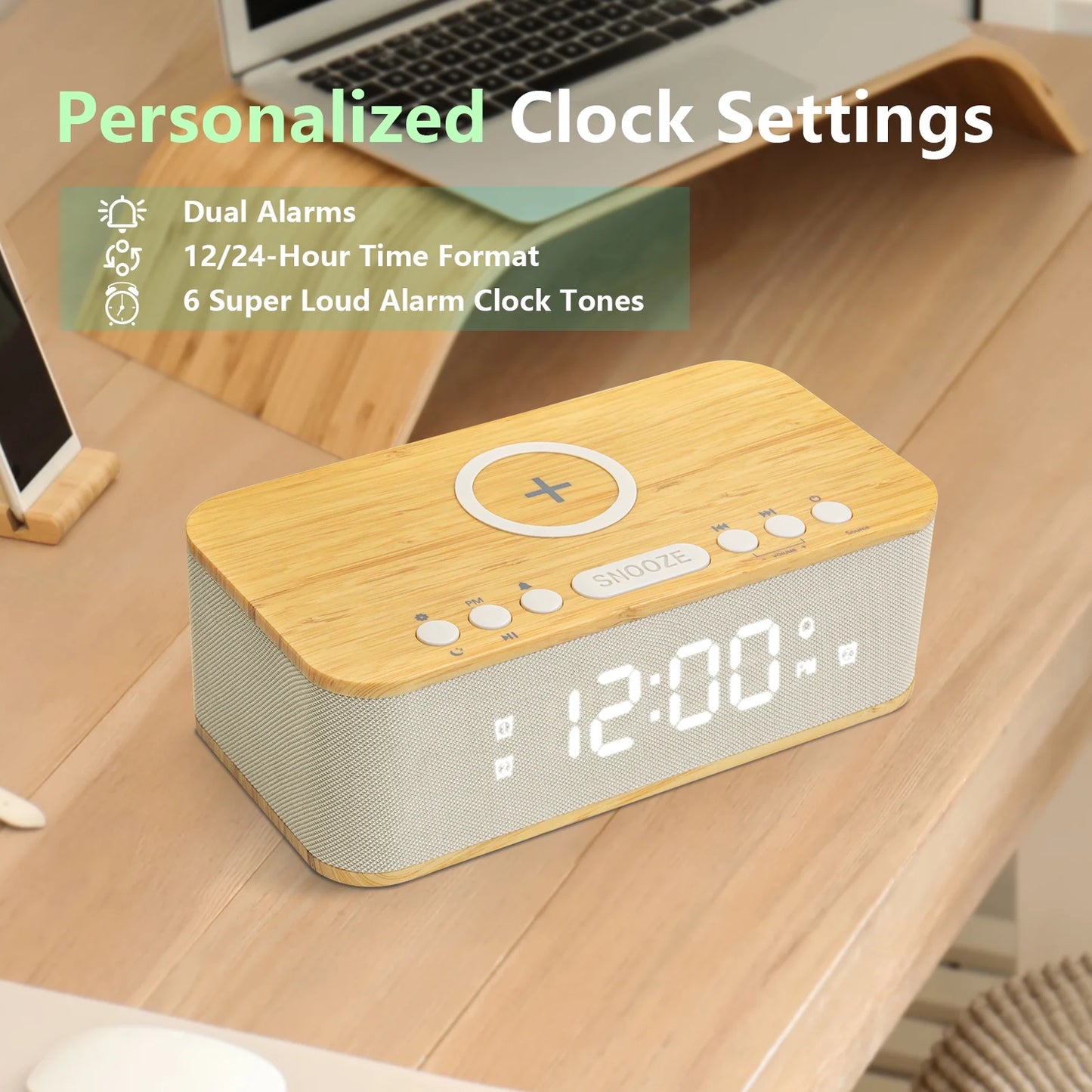 Fansbe Vibrating Digital Alarm Clock Bluetooth Speaker, Wireless Charging Alarm Clock Snooze, Wood