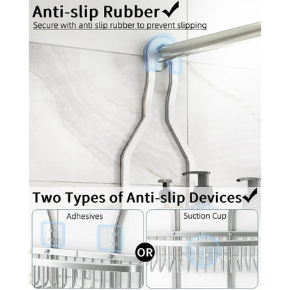 VANCORE Hanging Shower Caddy Bathroom Organizer - Over Head Long Rack for Tall Showerhead - Extra Large Shelf for Big Shampoo Bottles with Soap Holder