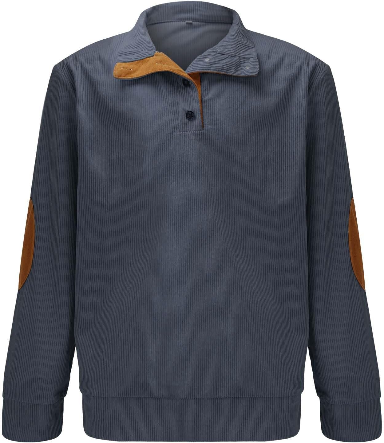 HOYUFEI Mens Corduroy Shirt Lapel Collar Button Up Pullover Mock Neck Long Sleeve Sweaters Polo Sweatshirts with Elbow Patches