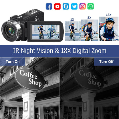 MARVUE Video Camera 4K Camera 48MP 30FPS Camcorder 18X Digital Zoom 3.0" LCD Touch Screen Vlogging Camera for YouTube with IR Night Vision