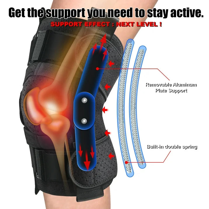Hinged Knee Brace with Side Stabilizers Adjustable Knee Compression 6 Strap System Knee Pain Support for ACL MCL Men & Women -One Size Fits Most Black