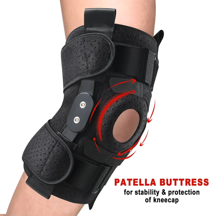 Hinged Knee Brace with Side Stabilizers Adjustable Knee Compression 6 Strap System Knee Pain Support for ACL MCL Men & Women -One Size Fits Most Black