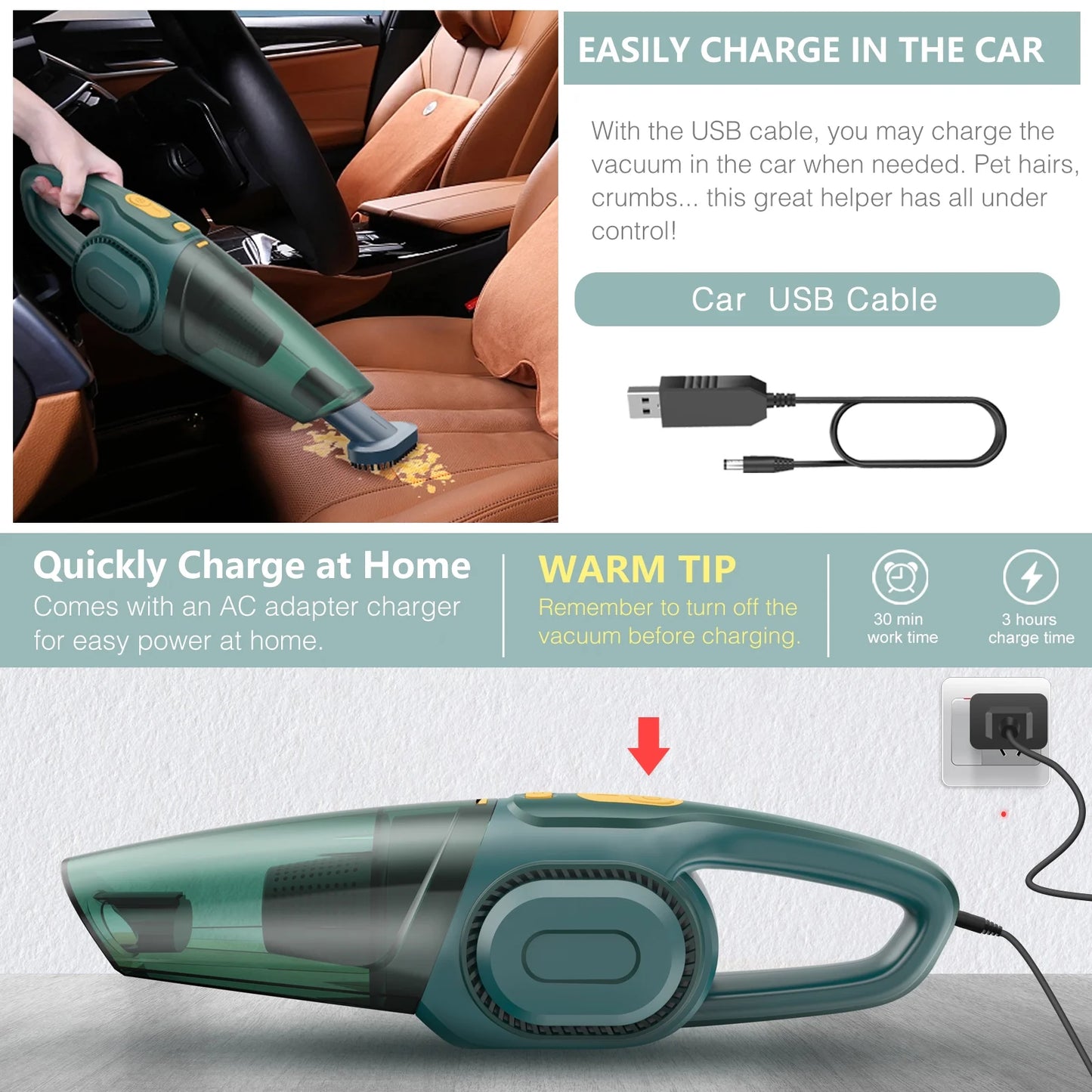 KOSIY Cordless Hand Vacuum 8kpa Powerful Portable Car Vacuum Cleaner for Car Wet and Dry Clean
