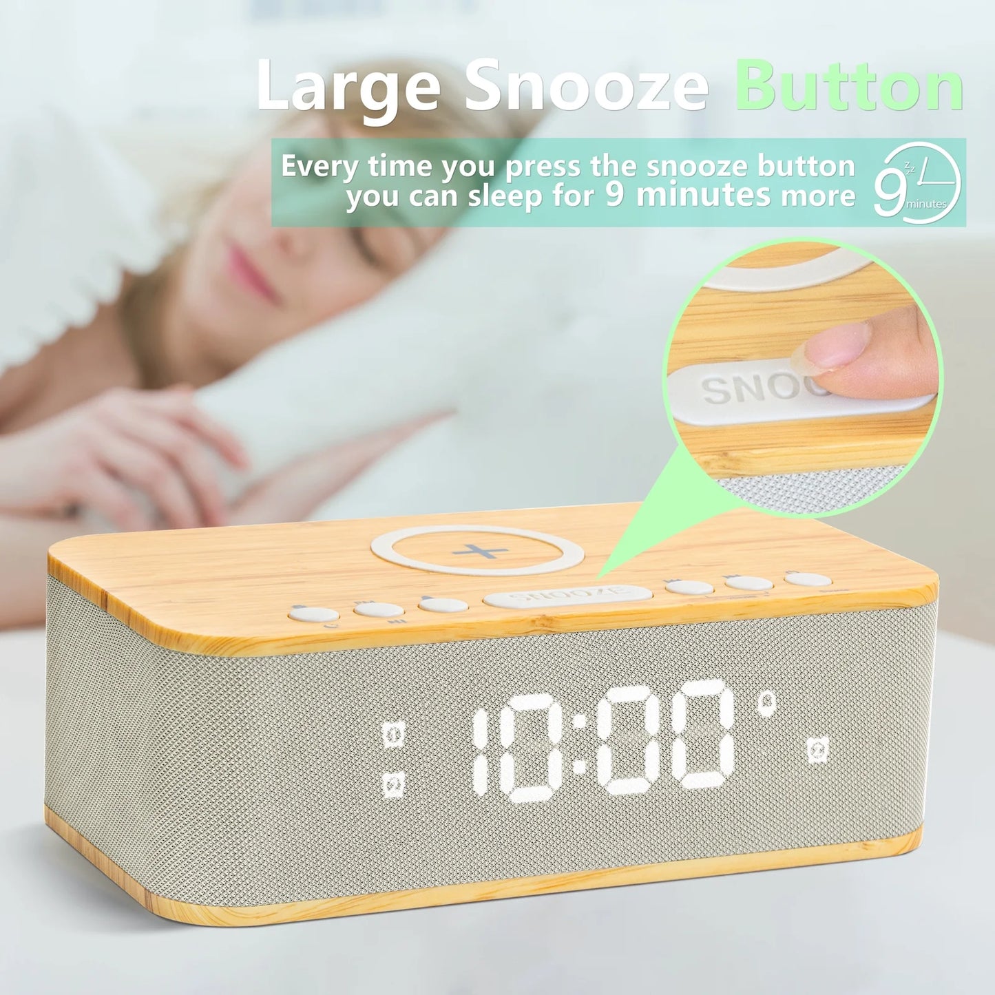 Fansbe Vibrating Digital Alarm Clock Bluetooth Speaker, Wireless Charging Alarm Clock Snooze, Wood