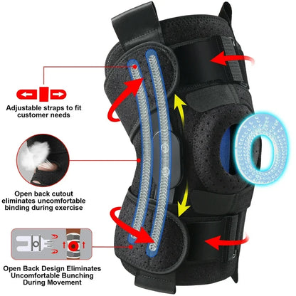 Hinged Knee Brace with Side Stabilizers Adjustable Knee Compression 6 Strap System Knee Pain Support for ACL MCL Men & Women -One Size Fits Most Black