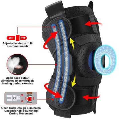 Hinged Knee Brace with Side Stabilizers Adjustable Knee Compression 6 Strap System Knee Pain Support for ACL MCL Men & Women -Black One Size Fits Most
