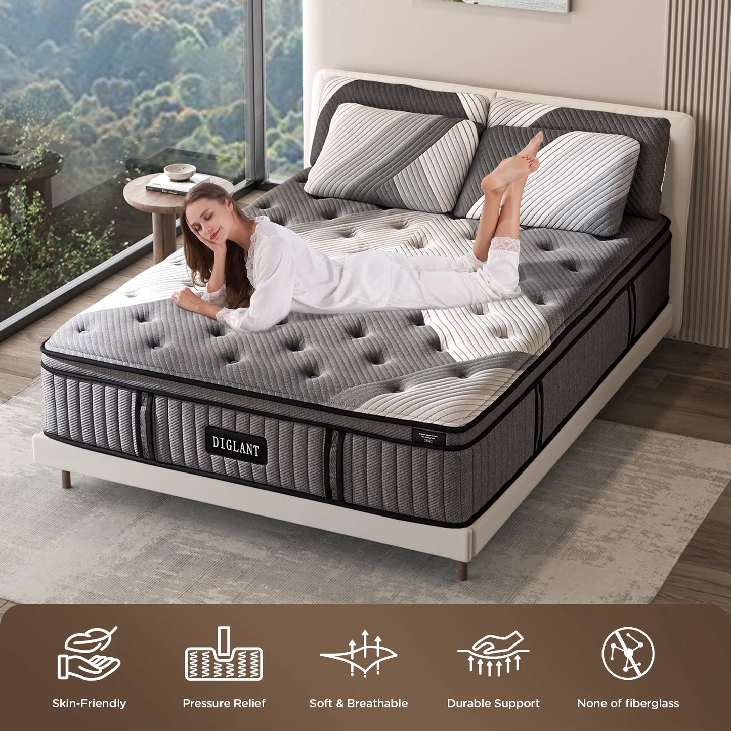 DIGLANT 14 Inch Queen Plush Hybrid Mattress Bed in a Box, 5 Layer Memory Foam with Pocket Springs for Supportive & Pressure Relief with Soft Fabric,100 Nights Trial,60"*80"*14"