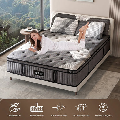 DIGLANT 14 Inch Queen Plush Hybrid Mattress Bed in a Box, 5 Layer Memory Foam with Pocket Springs for Supportive & Pressure Relief with Soft Fabric,100 Nights Trial,60"*80"*14"