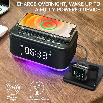 Fansbe Tech Vibrating Alarm Clock Wireless Charger, Digital Alarm Clocks Bluetooth USB Port (Black)