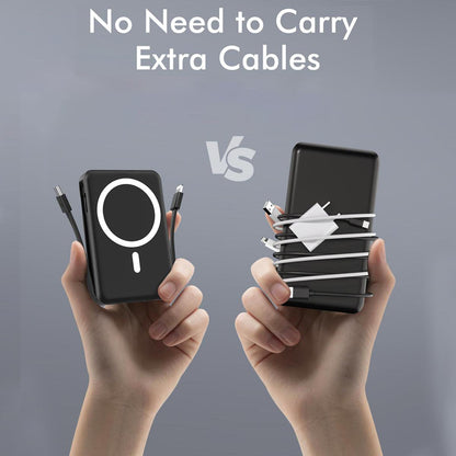 Podoru Wireless Portable Charger, 10000mAh Magnetic Power Bank Built-in USB C Lighting Cables 22.5W PD Fast Charging LED Display Battery Pack for for iPhone 16 15 14 13 12  Black